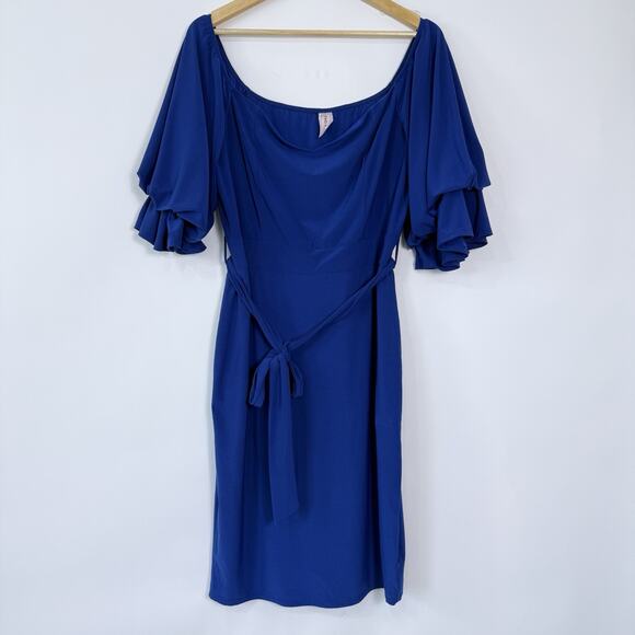 Vtg Royal Blue‎ Sheath Dress Size 2X Layered Bell Sleeves Body Skimming Stretchy - Picture 2 of 11